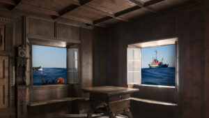 dunkle Holzbauernstube mit Fenster. dahinter liegt das Meer und Schiffe