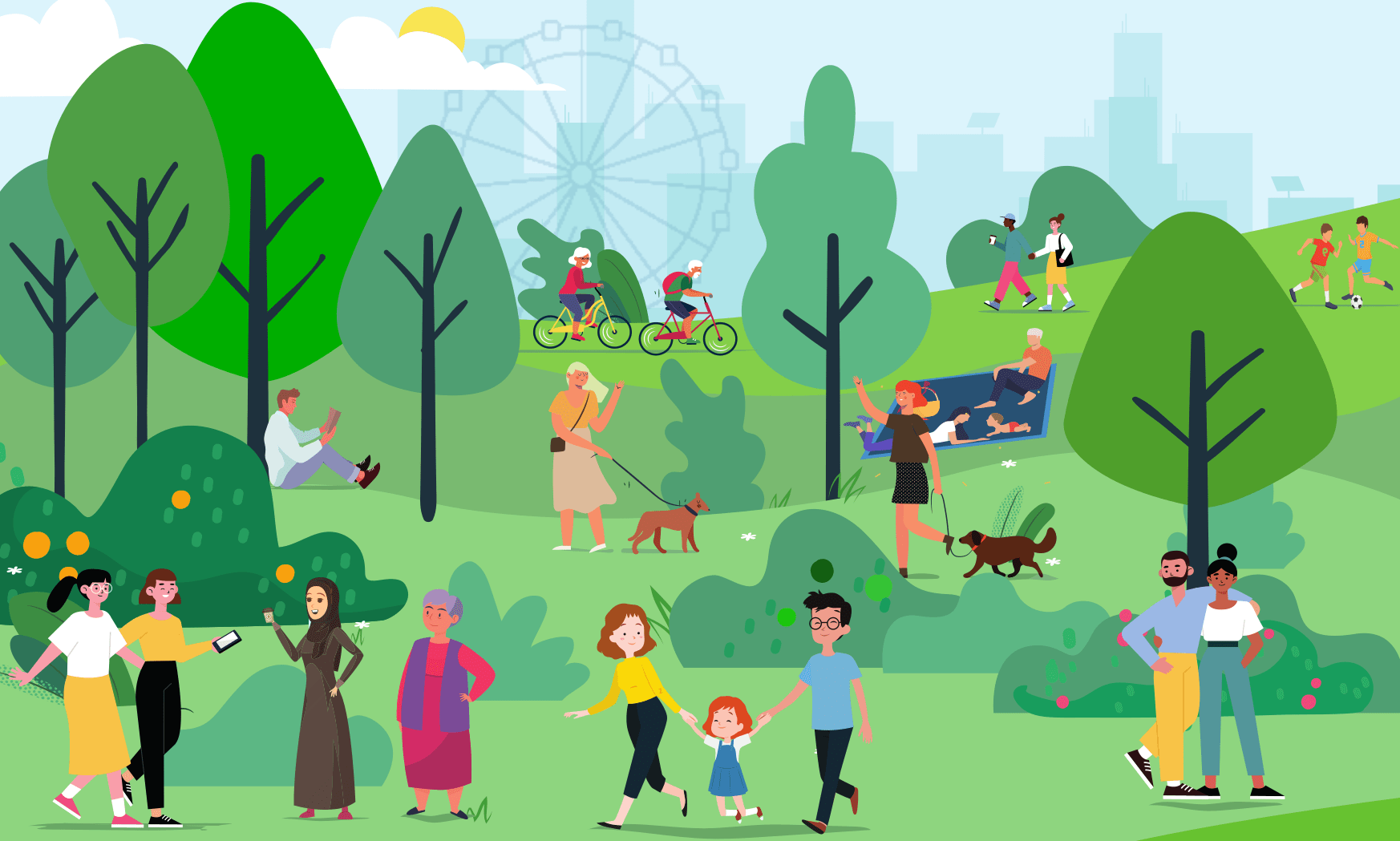 Zeichnung mit Menschen im Park