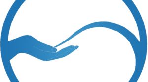 Zeichnung in blau mit ausgestreckter Hand und einer Welle
