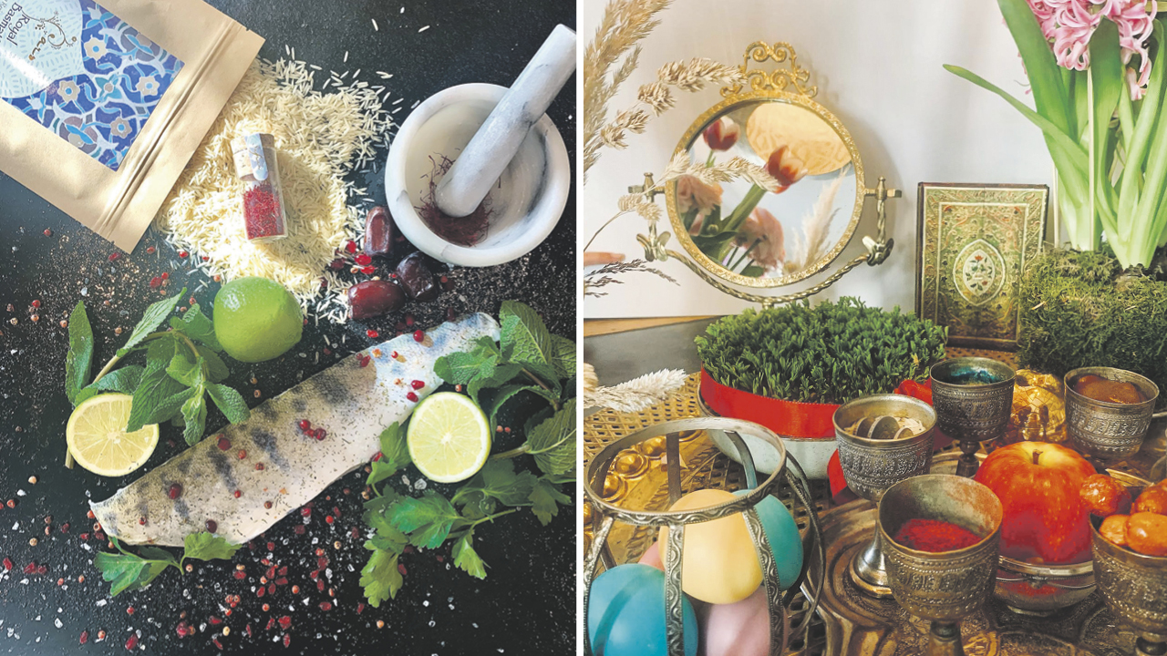 Zutaten für Speisen für das persische Neujahr: Reis, ein Mörser, aufgeschnitte Limetten, Safranfäden. Bild 2: Symbole für das Neujahrsfest: ein Spiegel, Kräuter, Gewürze, gefärbte Eier, Frühlingsblumen, ein Apfel, Datteln