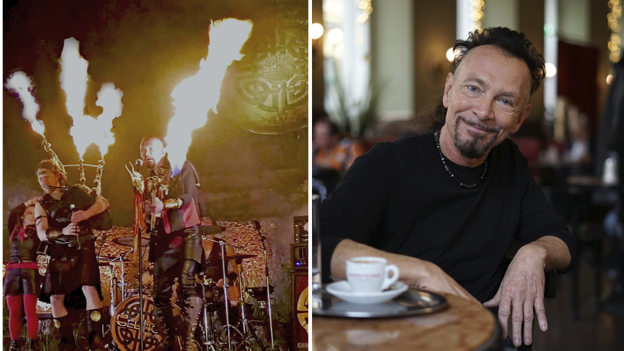 der Sänger Gajus Stappen lächelt bei einer Tasse Kaffee in die Kamera, das zweite Bild zeigt ihn und einen Kollegen auf der Bühne mit brennenden Dudelsäcken