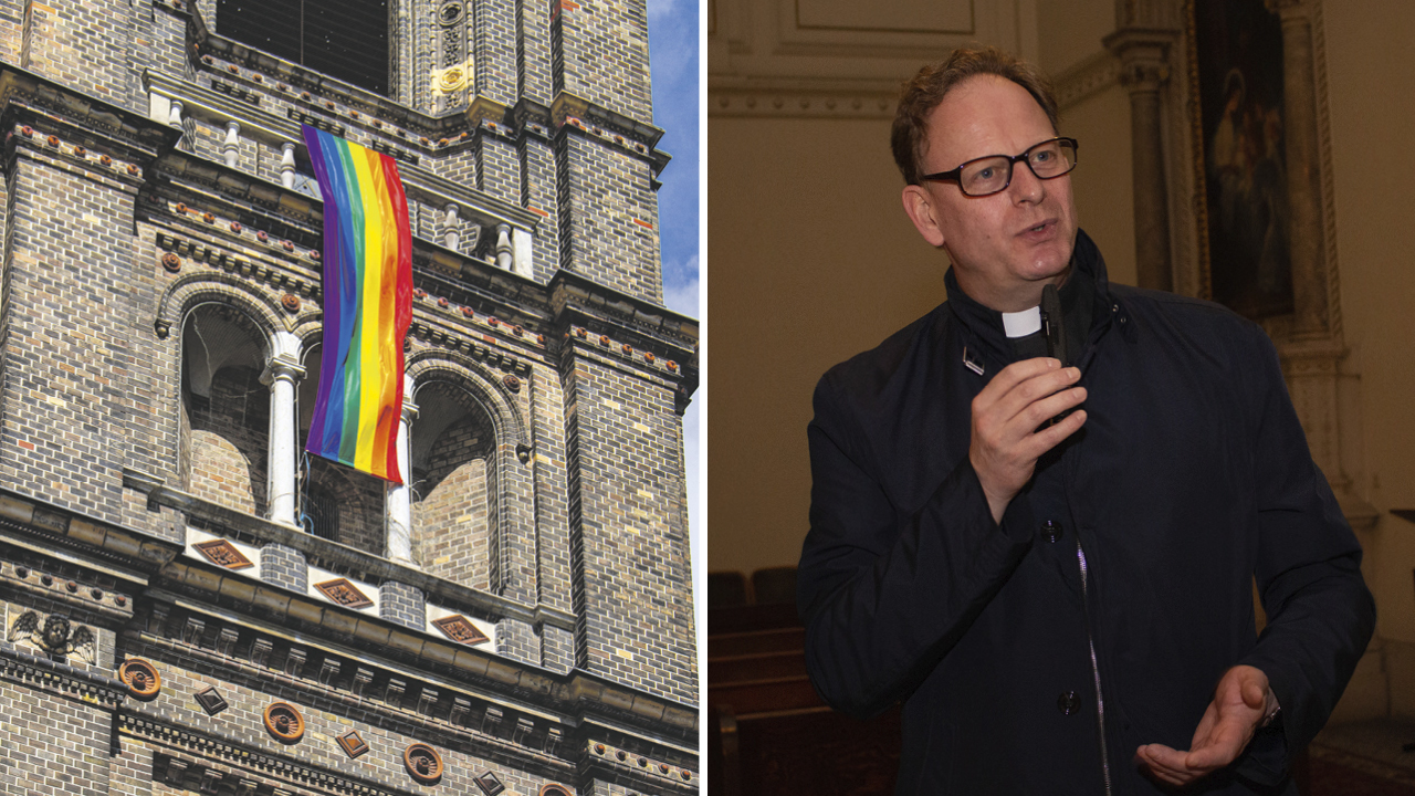 Bild 1: eine Regenbogenfahne an der Fassade der Breitenfelderkirche, Bild 2: der Pfarrer, Herr Janssen mit einem Mikrophon im Gespräch