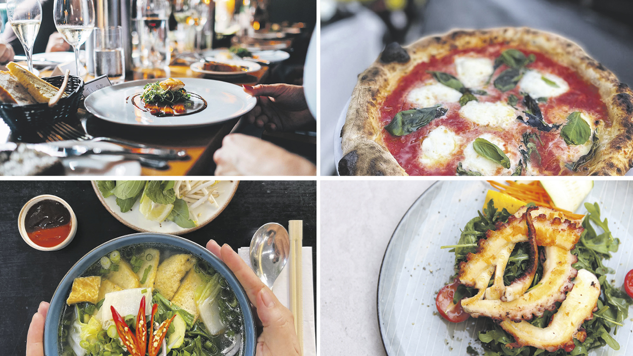 vier Bilder von verschiedenen Speisen: Pizza, chinesiches Ramen, gegrillte Calamari und eine Gemüsevorspeise
