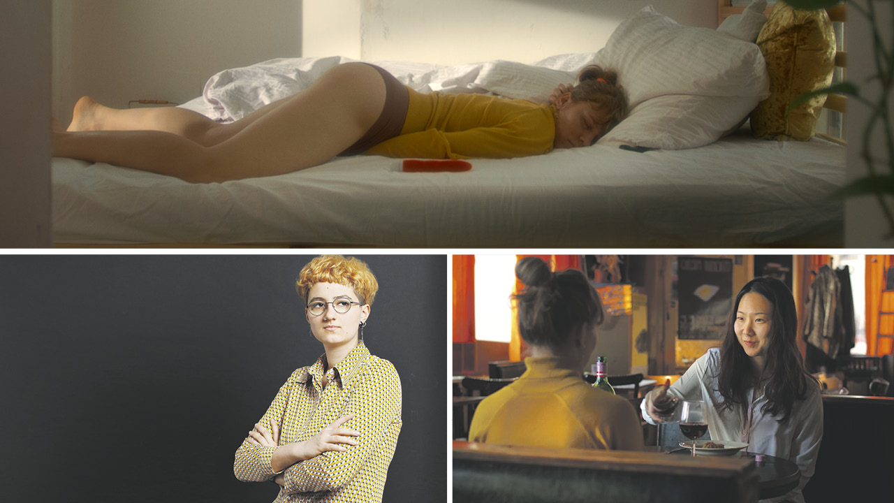 Collage aus drei Bildern: auf dem ersten Bild liegt eine Frau, bekleidet mit Pulli und Unterhose bäuchlings im Bett; Bild 2 Portrait einer jungen Frau mit Brille und kurzen, orangen Haaren; Bild 3: zwei junge Frauen sitzen sich in einem Lokal gegenüber, 