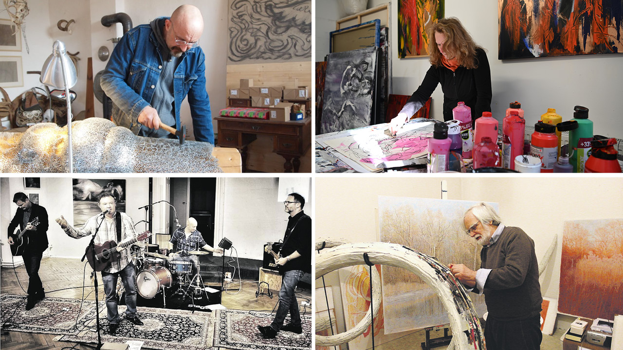 4er Foto Collage: vier verschiede Künstler in ihren Ateliers