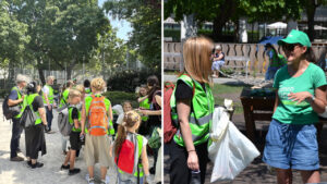 Kinder und Erwachsene mit Müllsäcken im Park