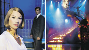 Junge Frau, im Hintergrund ein Mann, stehen vor einer beleuchteten Treppe