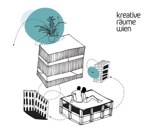Grafik als Logo für die Servicestelle "Kreative Räume Wien". Schwarz/weiß gezeichnete urbane Immobilien