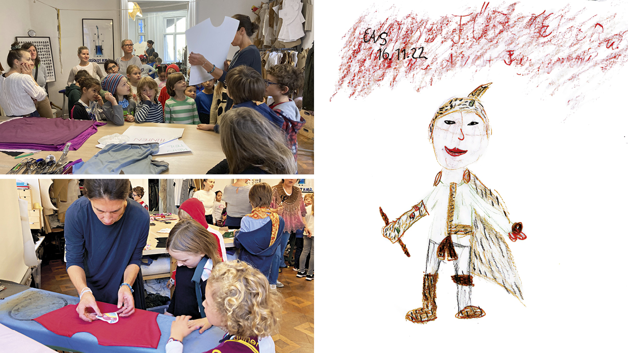 Collage: Bilder links: Kinder stehen um eine Lehrperson die mit Schnittschablonen arbeitet