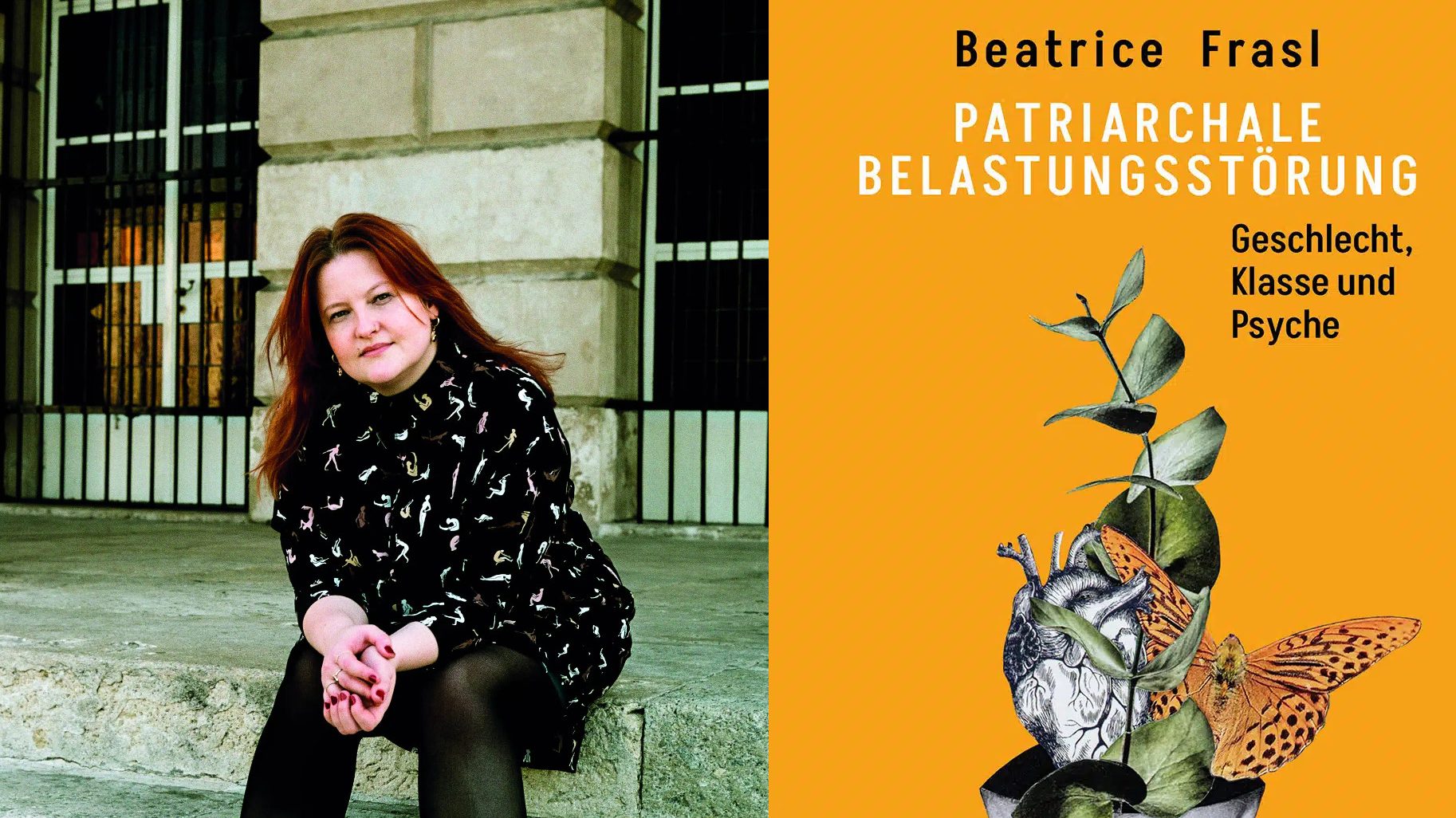 Links die Autorin Beatrice Frasl und rechts ihr Buch "Patriachale Belastungsstörung"